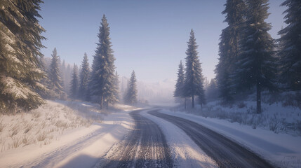 Fototapeta premium Snowy Winter Road in a Mountain Landscape