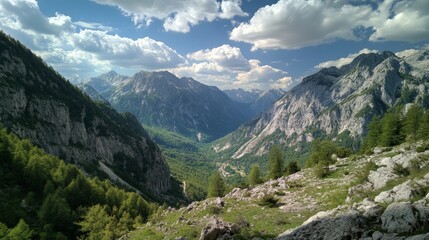 Fototapeta premium Breathtaking Mountain Landscape with Lush Green Valley and Clouds