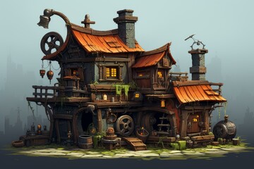 Intricate fantasy tavern building showcasing an orange roof, wooden details, and a mysterious atmosphere