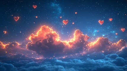 Obraz premium A whimsical cloud of glowing hearts floating gently in a starry cartoon sky