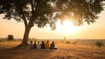 Rural literacy initiative fostering community growth, diverse adults engaged in study under tree, traditional notebooks, cultural patterns enriching learning experience