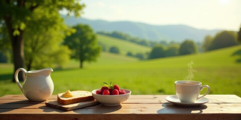 Peaceful Rustic Outdoor Breakfast with Berries and Tea