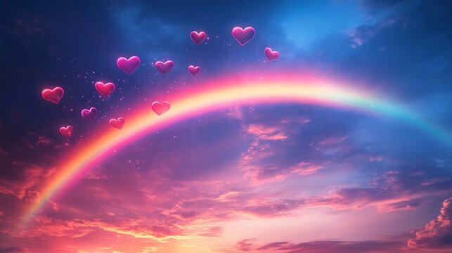 A cluster of floating glowing hearts forming a rainbow arc in a dreamy sky - Powered by Adobe