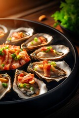 Delicious Bacon Wrapped Oysters Warm Golden Light. AI Generated