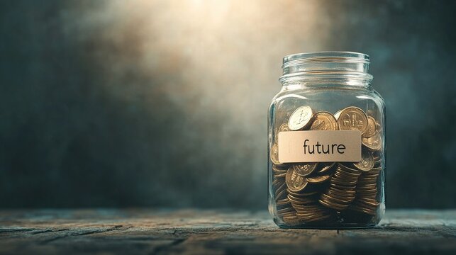 Future Savings Jar, a clear container labeled for aspirations, overflowing with gleaming gold coins symbolizing hopes and dreams - Powered by Adobe