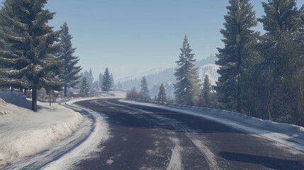 Snowy Winter Road in a Mountain Landscape