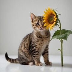 "A small, adorable tabby kitten gazing curiously at a sunflower, with a pristine white background emphasizing its delicate features."