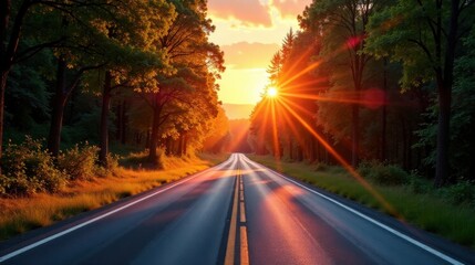 Fototapeta premium Golden Sunset Highway A Scenic Road Through Lush Green Trees