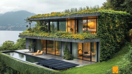 Obraz premium Modern House Blends with Nature with a rooftop garden, a lush wall with a pool and breathtaking mountains lake view