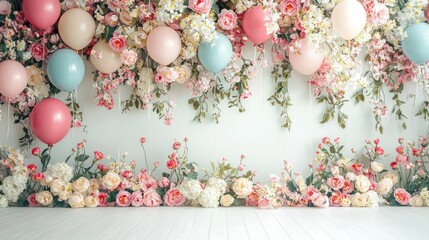 Obraz premium A vibrant wall adorned with blooming florals and pastel balloons creates an enchanting backdrop, perfect for spring celebrations and elegant events, brimming with color and life