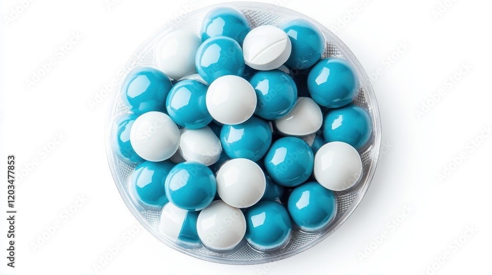 Aufkleber a vibrant assortment of blue and white spherical objects beautifully arranged in a round container, 