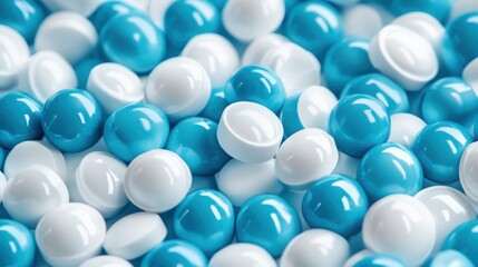A captivating close-up shot of brightly colored plastic spheres, combining white and blue hues, representing playful design and innovative aesthetics for various applications.