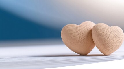Two Wooden Hearts Gently Resting Soft Light. AI Generated