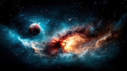 Obraz premium A breathtaking depiction of a cosmic event with swirling gases, distant stars, and a glowing planet, capturing the grandeur and mystery of the universe in vivid detail.