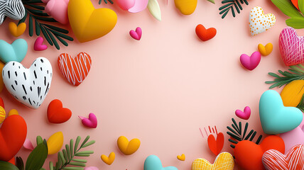 Colorful heart shapes and leaves frame blank space, creating playful and vibrant Valentine Day design. arrangement includes various heart sizes and colors, adding cheerful and festive touch