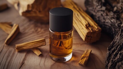 Captivating wooden elements of sandalwood and cedarwood in premium perfume bottles displayed on tree stumps in a serene forest setting © Dream maker