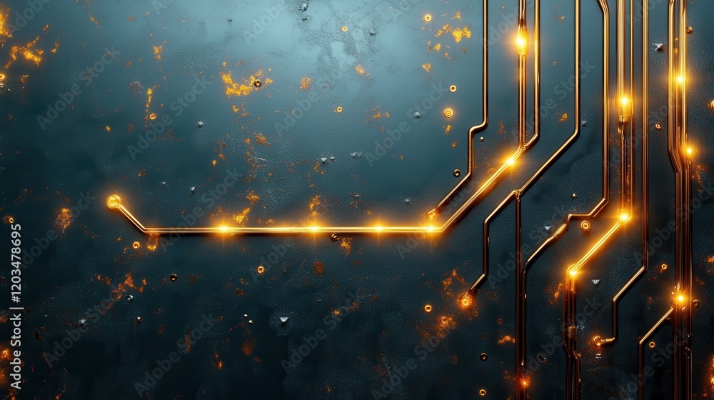 Poster an intricate abstract design featuring illuminated circuits on a textured background, symbolizing te