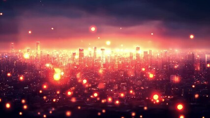 Vibrant city skyline at dusk with glowing light particles - Powered by Adobe