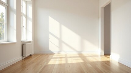Obraz premium Sunlight Illuminates an Empty Room with Hardwood Floors and White Walls