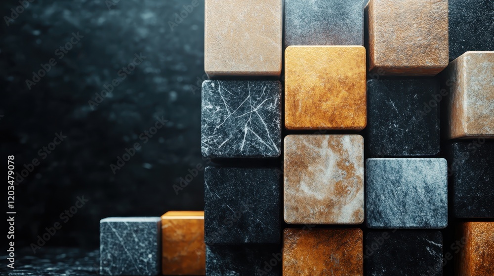 Poster an artistic composition of varied metallic cubes in distinct shades and textures, presenting a uniqu