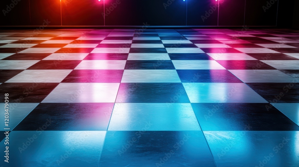 Poster this image showcases a striking checkered floor illuminated by colorful neon effects, creating a dyn