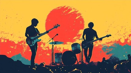Sunset Band Silhouettes Rock Music Artwork