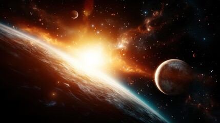 Obraz premium An awe-inspiring cosmic landscape showcasing vibrant colors and brilliant light at the intersection of stars and planets, evoking feelings of wonder and exploration.