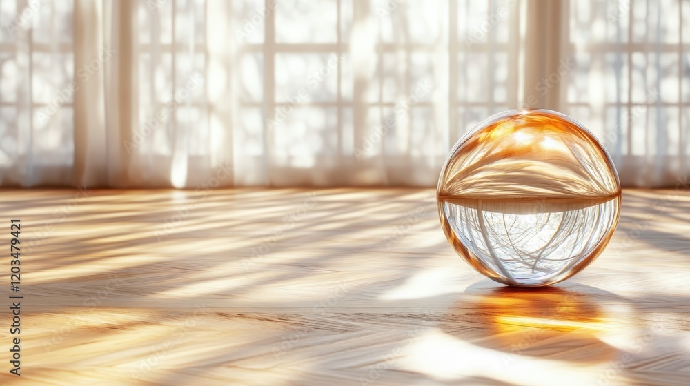 Aufkleber a stunning glass sphere placed on a wooden floor captures intricate patterns of light and shadow, cr