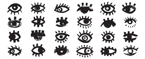 Bold brush eyes. Doodle eye icons, geometric simple mystic human eyeball brush abstract shapes, creative retro hand drawn brushstroke elements. Vector isolated set