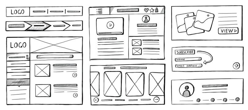 Website sketch. Hand drawn wireframe UI UX nuttins mockup of web page layout, UI elements and buttons, UX wireframed design prototype. Vector isolated set