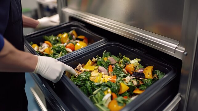 A chef in gloves sorting fresh vegetable scraps in a commercial kitchen for composting - Powered by Adobe