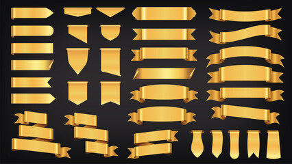 Golden ribbons. Premium quality vintage gold labels and badges, decorative luxury tape, scroll elements for greeting and invitation cards. Vector retro yellow banner, 3D tag collection