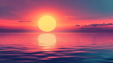 Sunset over a calm lake with a large blank horizon for text