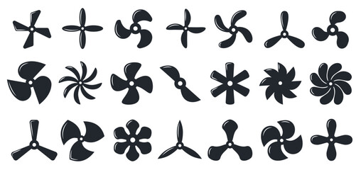 Boat propeller icons. Aircraft turbine rotor, ship marine engine screw, industrial ventilation blower, nautical aviation silhouette symbols. Vector isolated set © Tartila