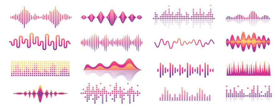 Sound waves. Audio music rhythm wave pulse, voice signal level bar, song waveform graphic icons. Vector volume noise beat waveforms isolated set