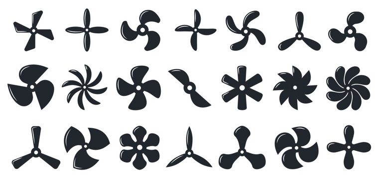 Boat propeller icons. Aircraft turbine rotor, ship marine engine screw, industrial ventilation blower, nautical aviation silhouette symbols. Vector isolated set