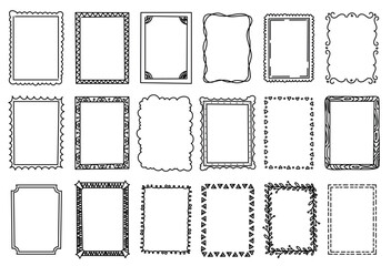 Line doodle frames. Simple sketch borders for text, hand drawn vintage vignettes and corners, cute rustic pencil scribble design elements. Vector set