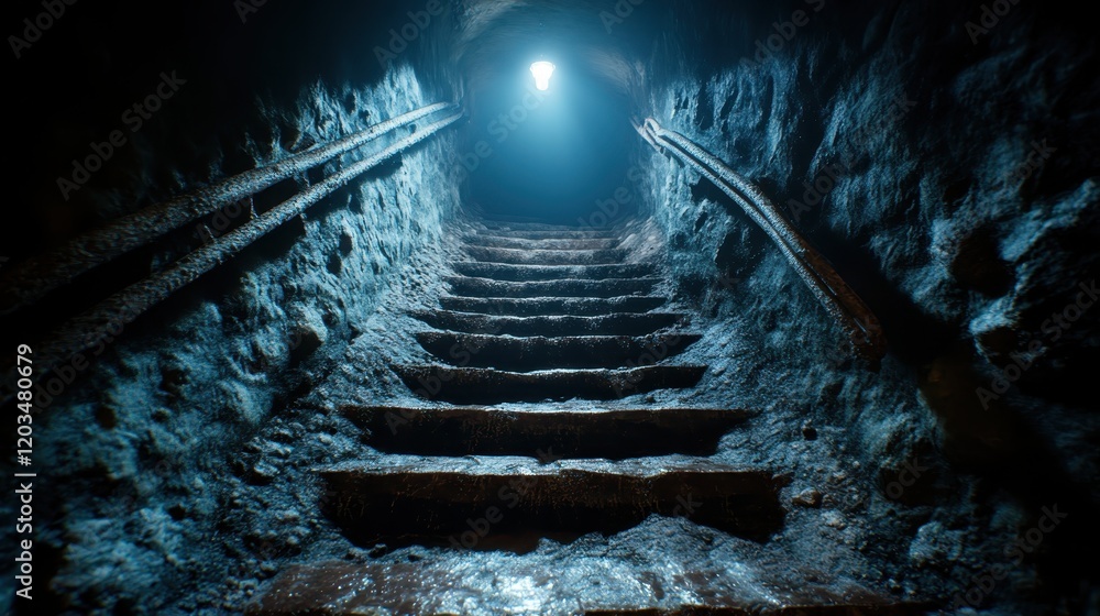 Aufkleber an intriguing view of moist and rugged steps leading deeper into a cave, illuminated by ethereal lig