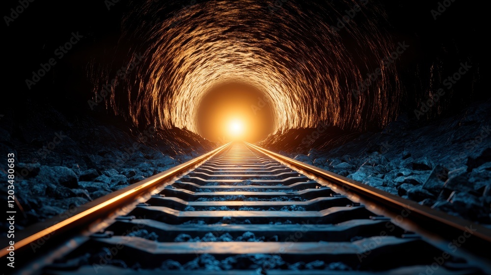 Poster an artistic image of railway tracks disappearing into a radiant light at the end of a tunnel, symbol