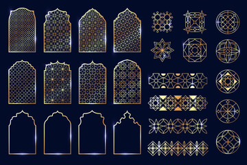 Golden Arabesque collection. Geometric oriental arabesqued frames and borders, arabic mosque architecture arabesquerie elements, islamic decorative design. Vector set
