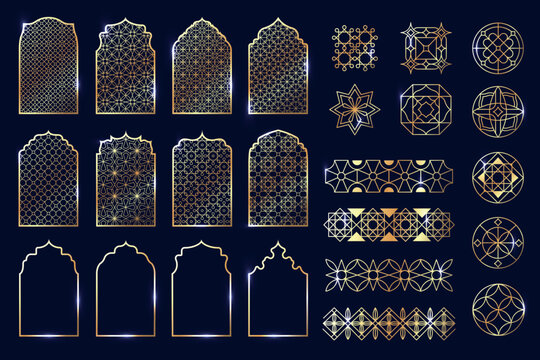 Golden Arabesque collection. Geometric oriental arabesqued frames and borders, arabic mosque architecture arabesquerie elements, islamic decorative design. Vector set