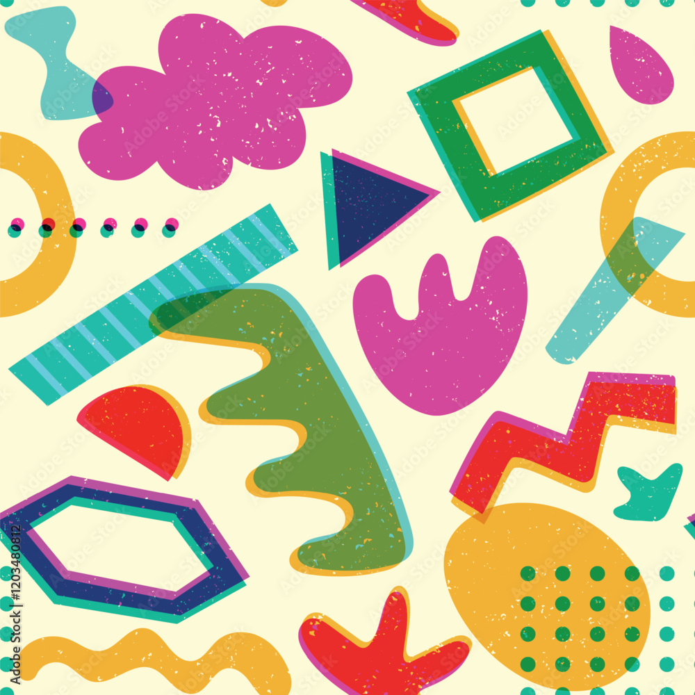 Poster geometric shapes risograph seamless pattern. abstract riso print background with colorful 80s 90s st