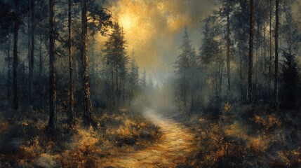 Obraz premium Misty Forest Path at Sunset, a golden glow paints the sky and filters through tall trees, creating a serene and enchanting scene