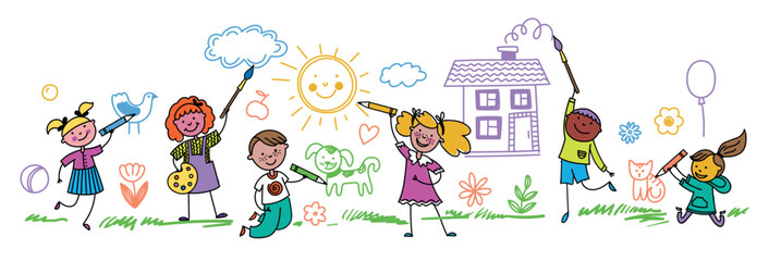 Kids painting wall. Cartoon children characters drawing sketching coloring with pencils and brushes, creative childhood activities. Vector illustration