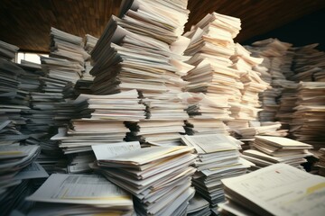 Fototapeta premium Large piles of paperwork are creating a chaotic scene of administrative backlog