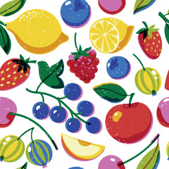 Risograph fruit pattern. Seamless print of tropical exotic fruits, retro riso print of apple berry cherry lemon. Vector texture