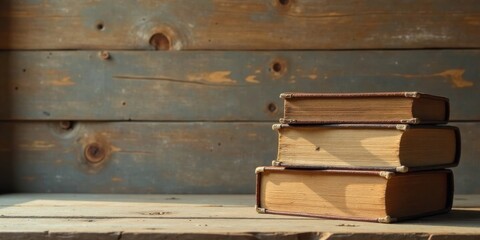 Stack of Aged Books on Rustic Wooden Surface