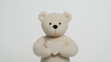 Adorable White Teddy Bear Holding a Heart Symbol on a Minimalist Background for Valentine's Day or Children's Decor