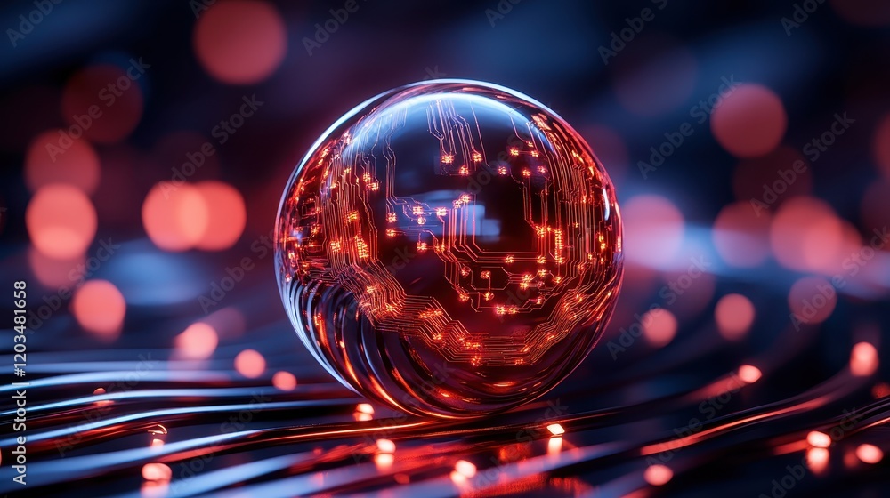 Poster a vibrant red sphere adorned with intricate circuit patterns glows against a dark background, repres