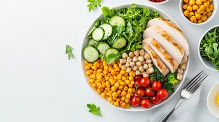 Chicken Breast Salad with Greens and Chickpeas, Healthy Meal Preparation on White Background, Dash Diet for Hypertension Patients, Healthy Meal